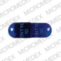 Bentyl (Dicyclomine (oral/injection) [ dye-sye-kloe-meen ])-BENTYL 10 BENTYL 10-10 mg-Blue-Capsule-shape