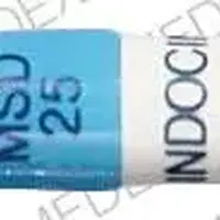 Indocin (Indomethacin [ in-doe-meth-a-sin ])-INDOCIN MSD 25-25 MG-Blue / White-Capsule-shape