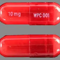 Dibenzyline (Phenoxybenzamine [ fen-ox-ee-benz-a-meen ])-10 mg WPC 001-10 mg-Red-Capsule-shape