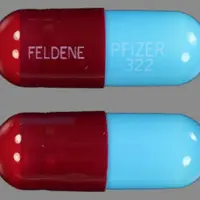 Feldene (Piroxicam [ peer-ox-i-kam ])-FELDENE PFIZER 322-10 mg-Red / Blue-Capsule-shape