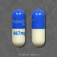 Phoslo (Calcium acetate [ kal-see-um-as-e-tate ])-667 mg PhosLo-667 mg-Blue / White-Capsule-shape