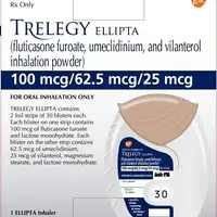 Trelegy ellipta (Fluticasone, umeclidinium, and vilanterol [ floo-tik-a-sone, ue-me-kli-din-ee-um, and-vye-lan-ter-ol ])-medicine-fluticasone furoate 100 mcg / umeclidinium 62.5 mcg / vilanterol 25 mcg inhalation powder