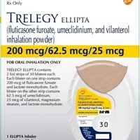 Trelegy ellipta (Fluticasone, umeclidinium, and vilanterol [ floo-tik-a-sone, ue-me-kli-din-ee-um, and-vye-lan-ter-ol ])-medicine-fluticasone furoate 200 mcg / umeclidinium 62.5 mcg / vilanterol 25 mcg inhalation powder