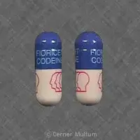 Fioricet with codeine (Acetaminophen, butalbital, caffeine, and codeine [ a-seet-a-min-o-fen, bue-tal-bi-tal, kaf-een, and-koe-deen ])-FIORICET CODEINE LOGO PROFILES-325 mg / 50 mg / 40 mg / 30 mg-Blue & Peach-Capsule-shape