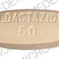 Aldactazide (Hydrochlorothiazide and spironolactone [ hye-dro-klor-oh-thy-a-zide-and-spir-on-oh-lak-tone ])-ALDACTAZIDE 50 SEARLE 1021-50 mg / 50 mg-Tan-Oval