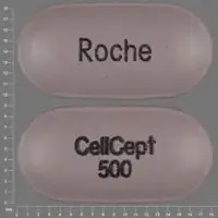 Cellcept (Mycophenolate mofetil (oral/injection) [ mye-koe-fen-oh-late-moe-fe-til ])-CellCept 500 Roche-500 mg-Pink-Oval