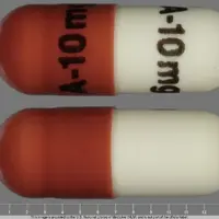 Soriatane (Acitretin [ a-si-tre-tin ])-A-10 mg A-10 mg-10 mg-Brown & White-Capsule-shape