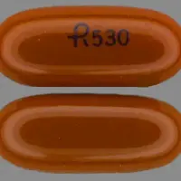 Nifedipine (eqv-adalat cc) (Nifedipine [ nye-fed-i-peen ])-R 530-20 mg-Red-Capsule-shape