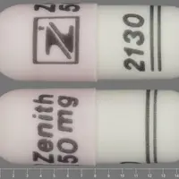 Nitrofurantoin (Nitrofurantoin [ nye-troe-fue-ran-toin ])-Logo Zenith 50 mg 2130-50 mg-Pink & White-Capsule-shape