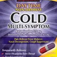Cold and flu daytime relief (Acetaminophen, dextromethorphan, and phenylephrine [ a-seet-a-min-of-fen, dex-troe-me-thor-fan, and-fen-il-eff-rin ])-L 0-acetaminophen 325 mg / dextromethorphan 10 mg / phenylephrine 5 mg-Red / Purple-Capsule-shape