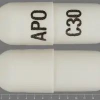 Cevimeline (Cevimeline [ se-vi-me-leen ])-APO C30-30 mg-White-Capsule-shape