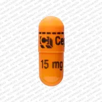 Amrix (Cyclobenzaprine [ sye-kloe-ben-za-preen ])-Logo Cephalon 15 mg-15 mg-Orange-Capsule-shape