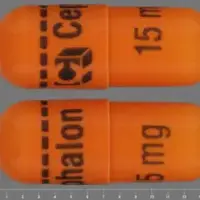 Amrix (Cyclobenzaprine [ sye-kloe-ben-za-preen ])-Logo Cephalon 15 mg-15 mg-Orange-Capsule-shape