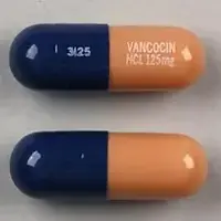 Vancomycin (injection) (Vancomycin (injection) [ van-koe-mye-sin ])-3125 VANCOCIN HCL 125mg-125 mg-Blue & Brown-Capsule-shape