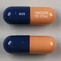 Vancomycin (injection) (Vancomycin (injection) [ van-koe-mye-sin ])-3125 VANCOCIN HCL 125mg-125 mg-Blue & Brown-Capsule-shape