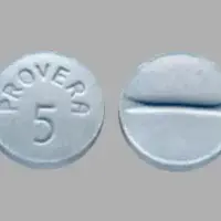 Medroxyprogesterone (injection) (Medroxyprogesterone (injection) [ me-drox-ee-proe-jes-ter-one ])-PROVERA 5-5 mg-Blue-Round