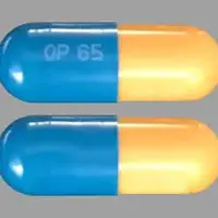 Vancomycin (injection) (Vancomycin (injection) [ van-koe-mye-sin ])-OP65 OP65-250 mg-Blue & Yellow-Capsule-shape