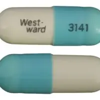 Doxycycline (systemic) (monograph) (Doryx)-West-ward 3141-50 mg-Blue & White-Capsule-shape