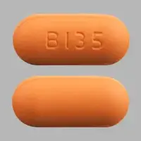 Methocarbamol (Methocarbamol (oral/injection) [ meth-oh-kar-ba-mal ])-B135-750 mg-Orange-Capsule-shape