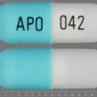 Acyclovir (injection) (Acyclovir (injection) [ a-sye-klo-veer ])-APO 042-200 mg-Turquoise & White-Capsule-shape