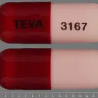 Minocycline (systemic) (monograph) (Dynacin)-TEVA 3167-100 mg-Maroon & Pink-Capsule-shape