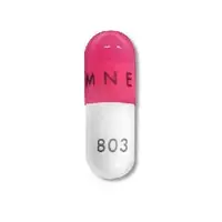 Temozolomide (oral/injection) (Temozolomide (oral/injection) [ tem-oh-zoe-loe-mide ])-AMNEAL 803-100 mg-Pink & White-Capsule-shape