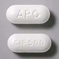 Ciprofloxacin (Ciprofloxacin (oral) [ sip-roe-flox-a-sin ])-APO CIP 500-500 mg-White-Capsule-shape